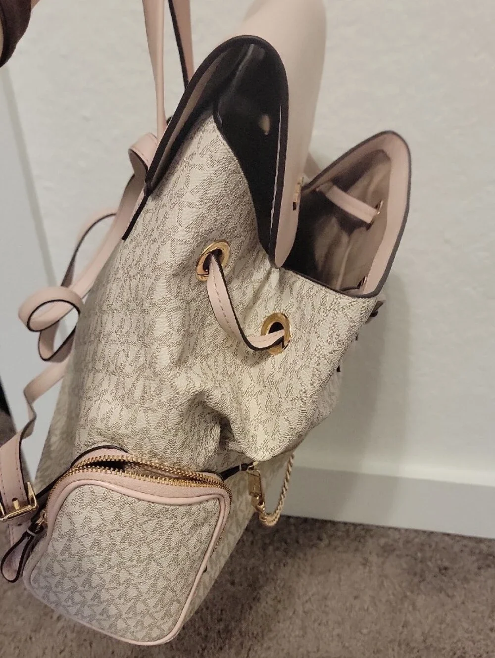 Michael Kors Cream MK Logo Backpack with Soft Pink Trim